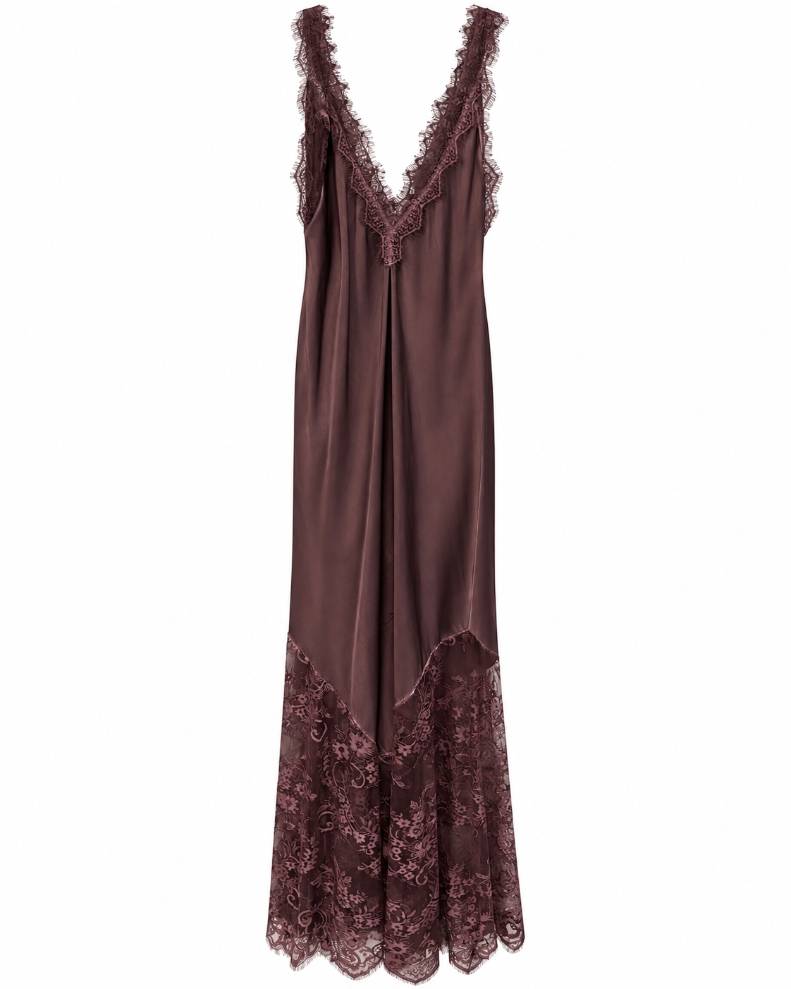 Deep Plum Satin Lace-Trim Maxi Dress