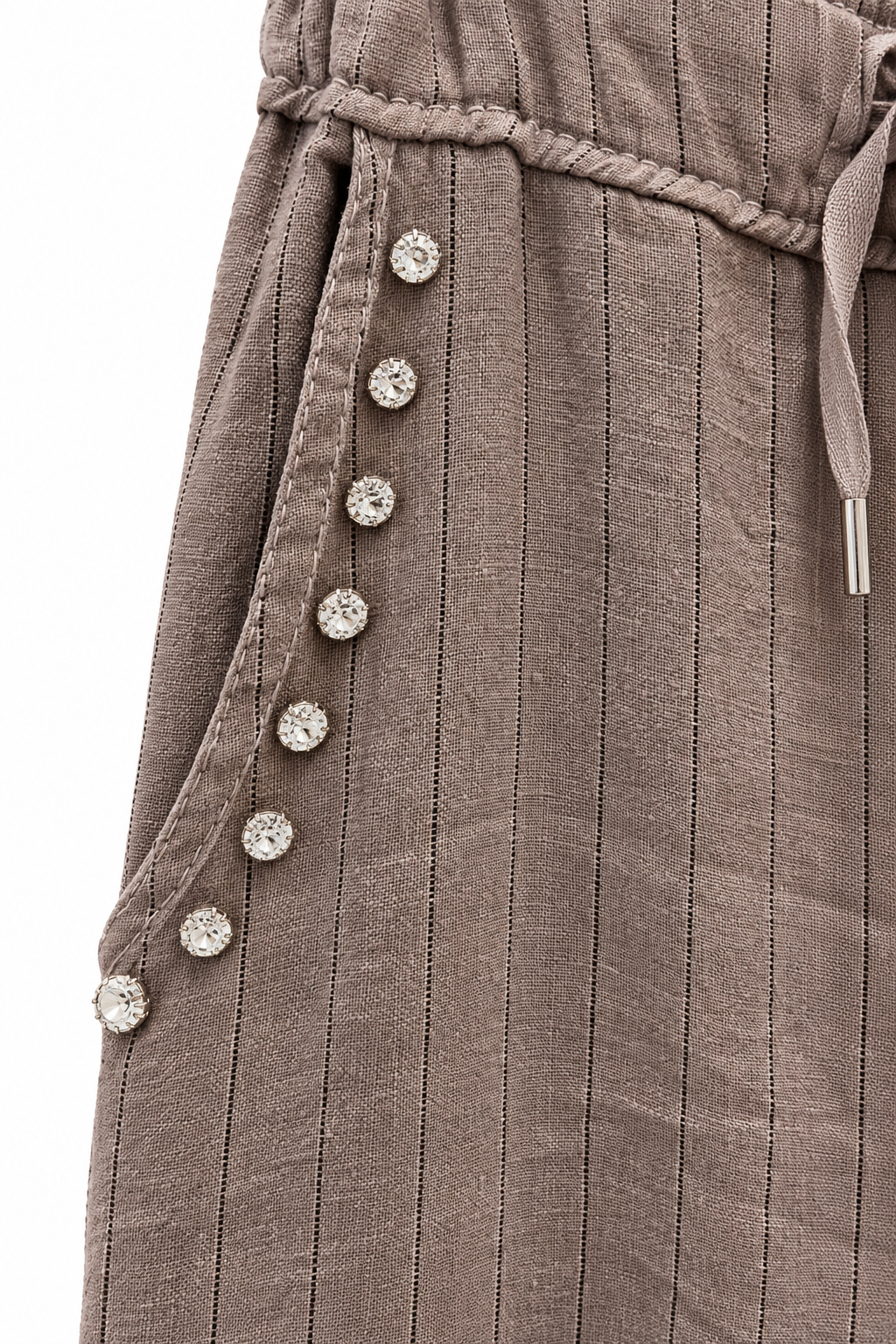 Linen Drawstring Pants with Crystal Embellishment
