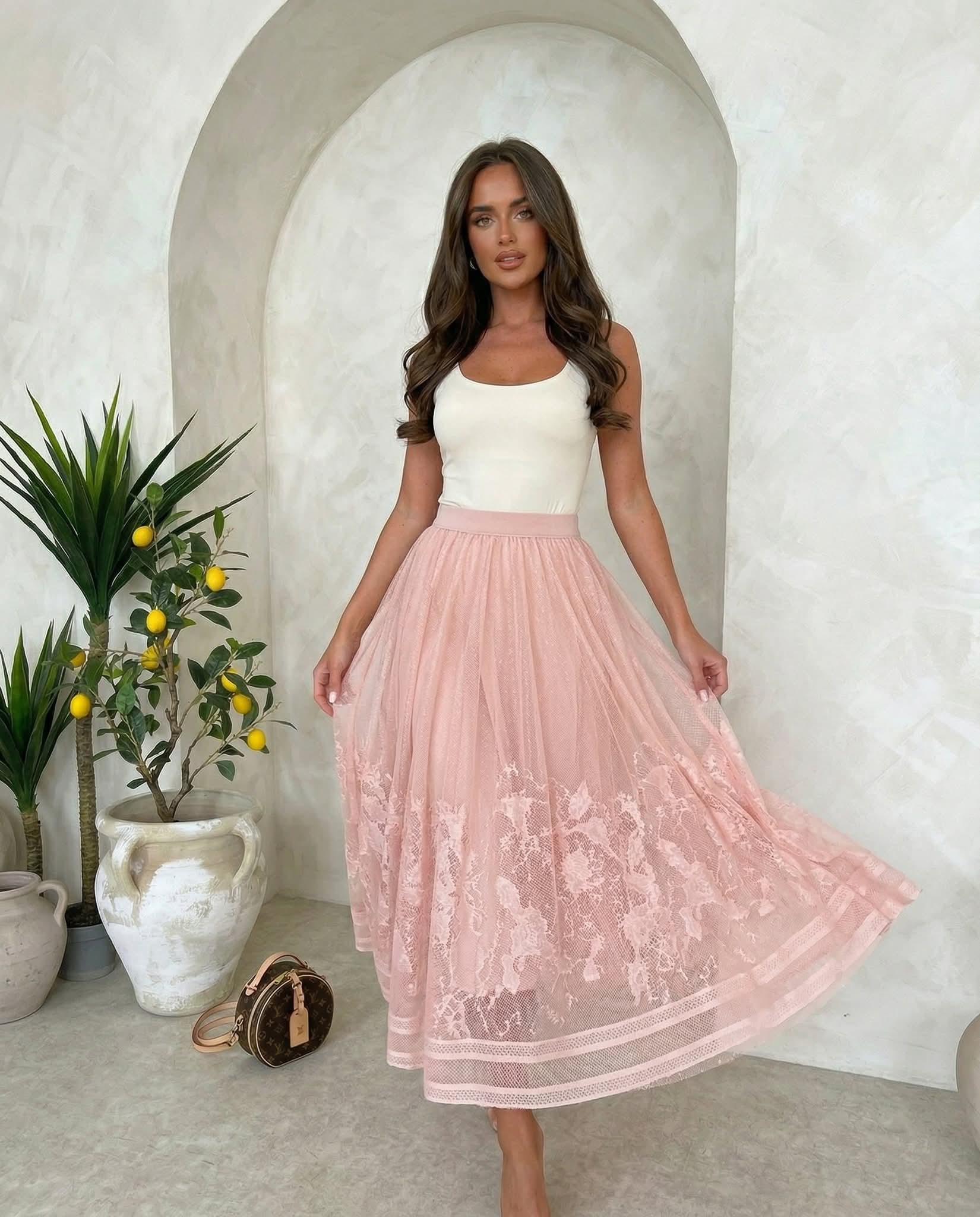 Blush Pink Lace Tulle Midi Skirt