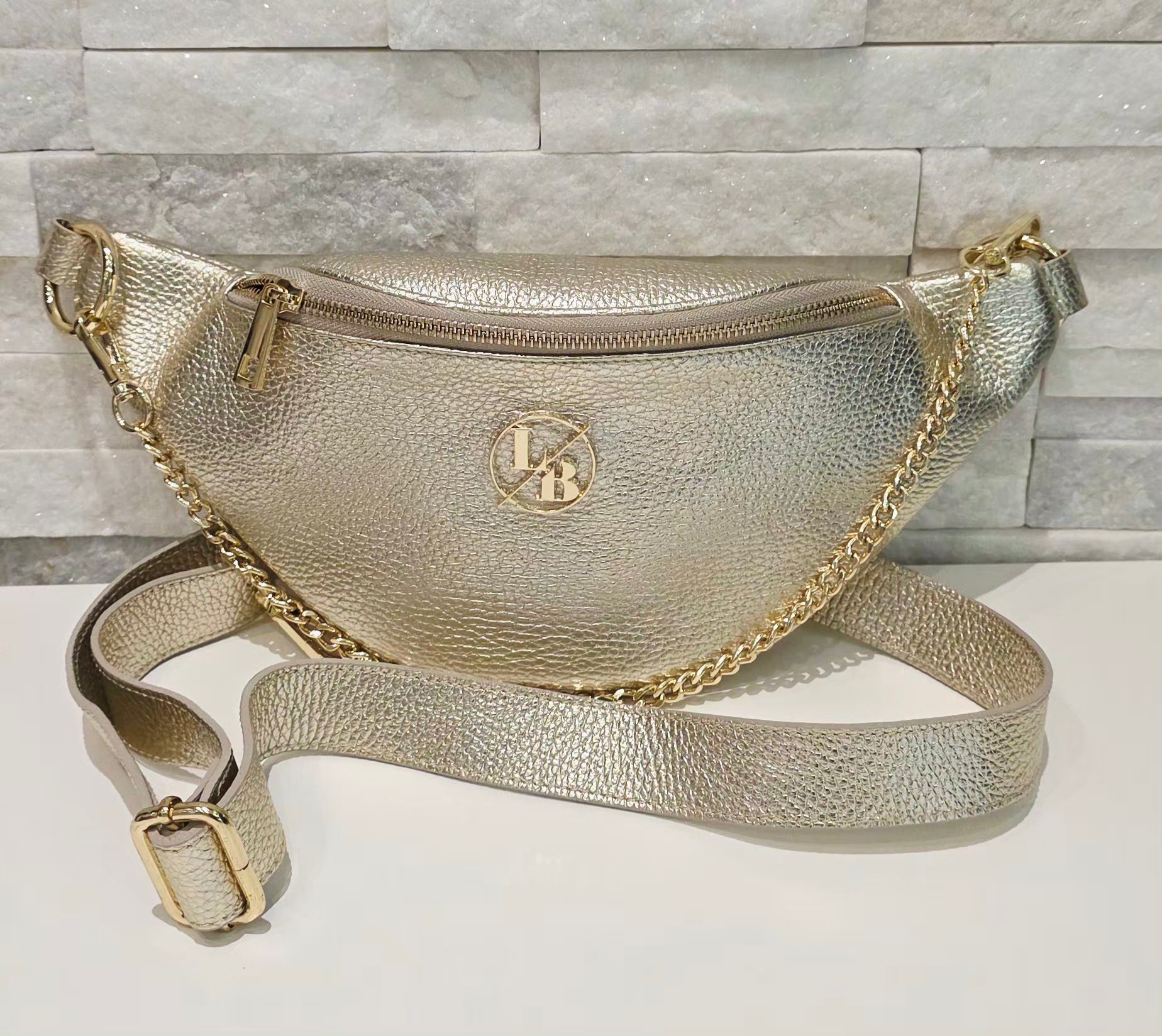 Gold Metallic Chain Belt Bag Genuine Leather