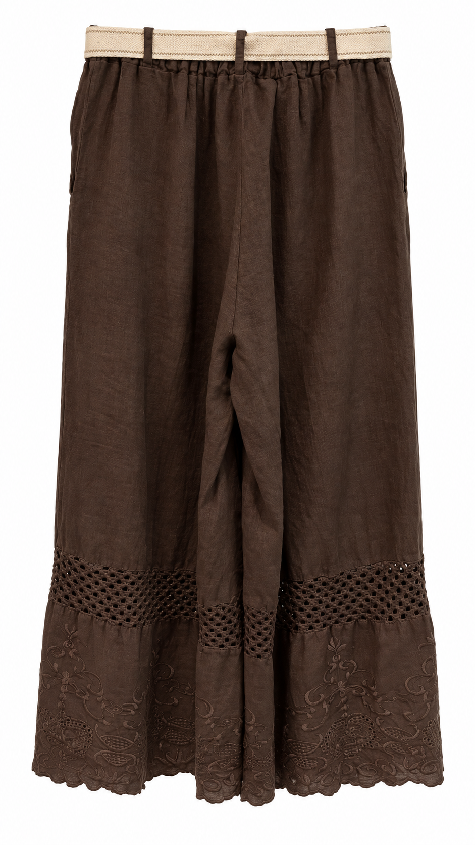Brown Linen Embroidered Wide-Leg Pants
