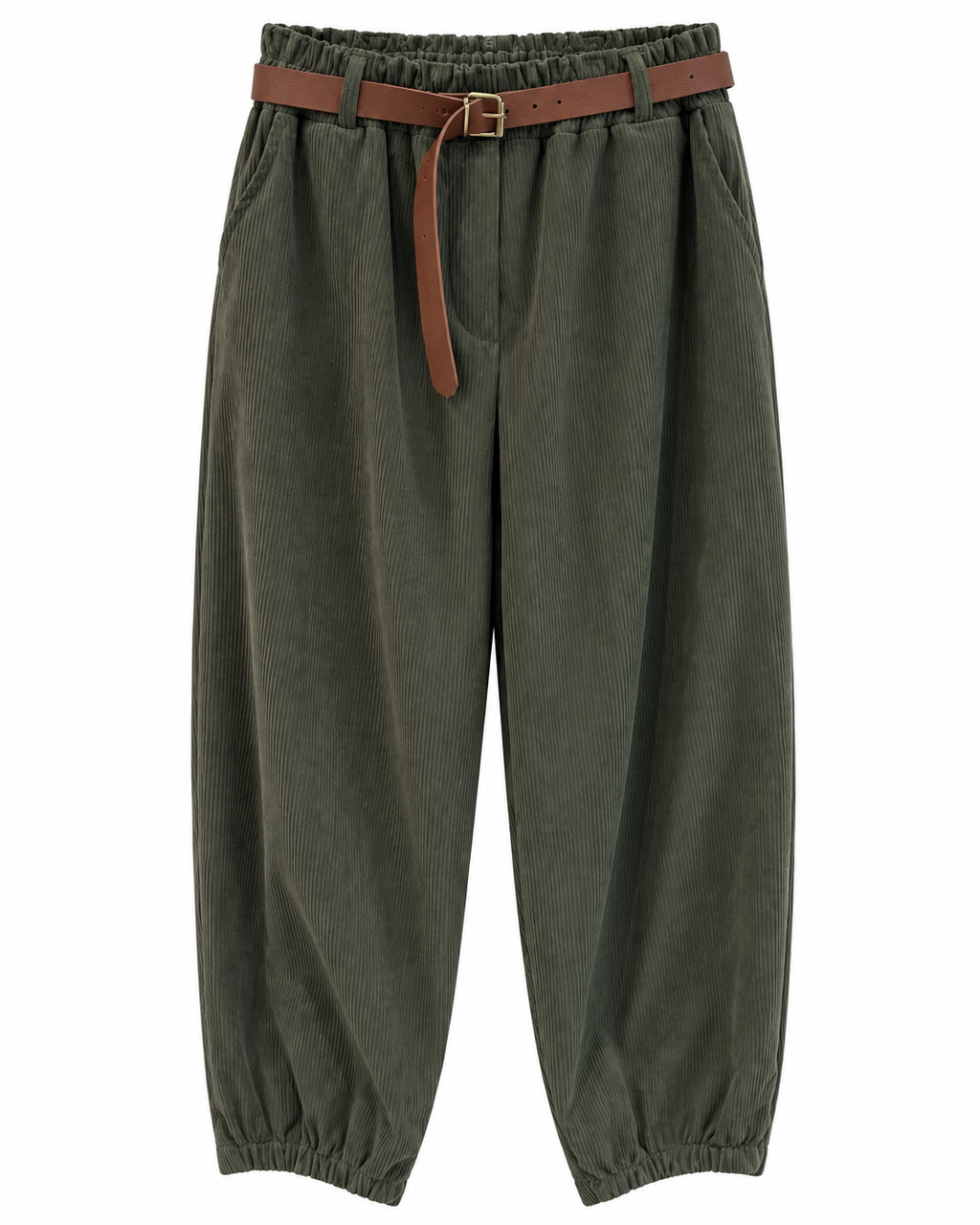 Olive Corduroy Belted Barrel Trousers