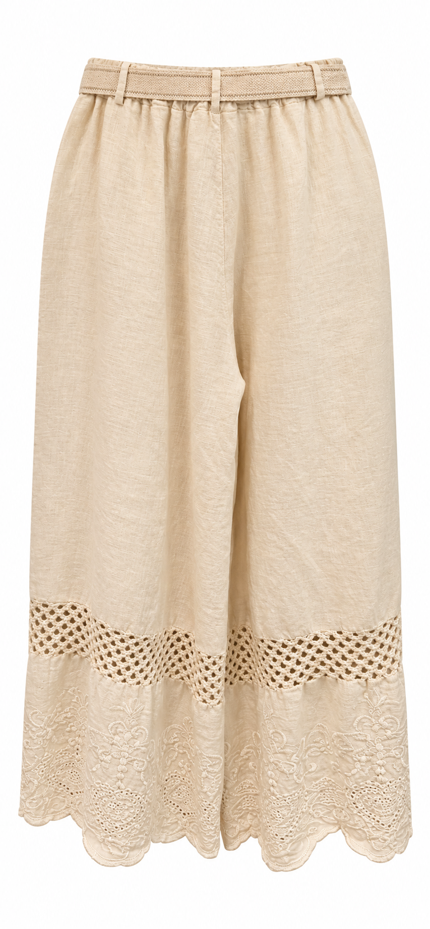 Beige Linen Lace-Trim Wide-Leg Pants