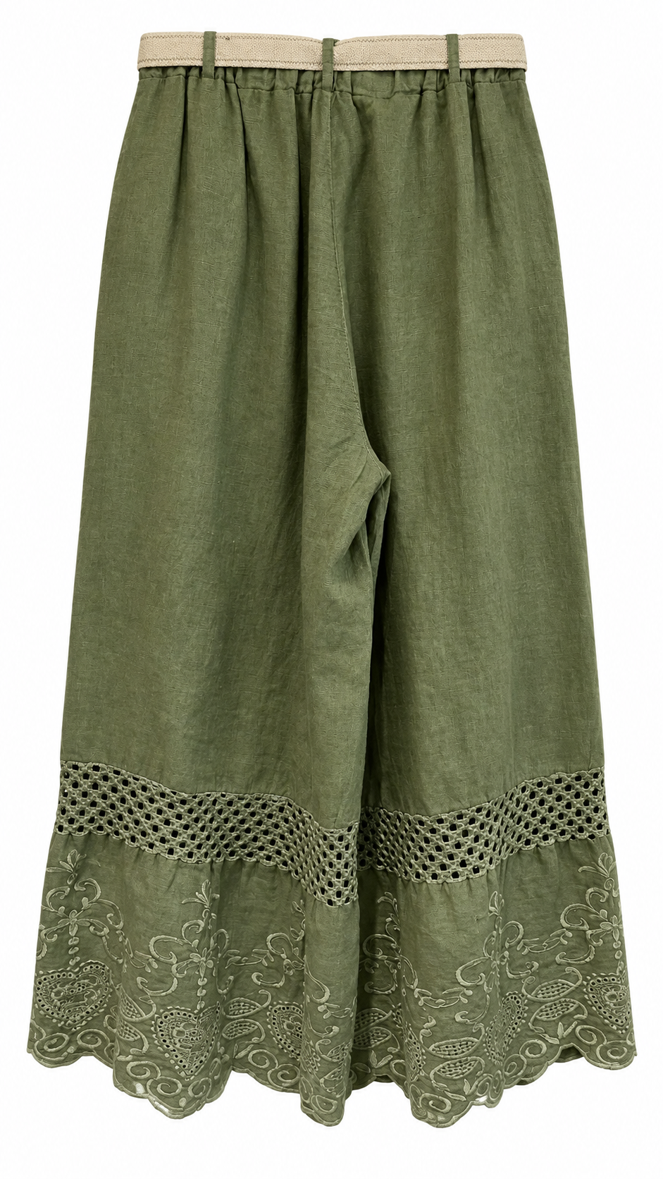 Khaki Linen Embroidered Wide-Leg Pants