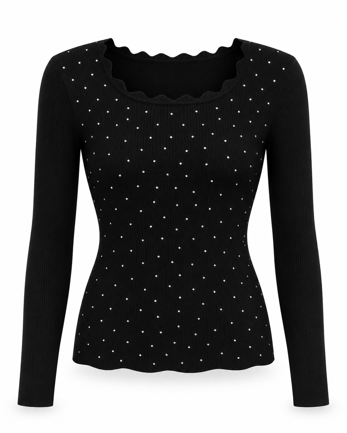 Black Embellished Scallop Neck Top