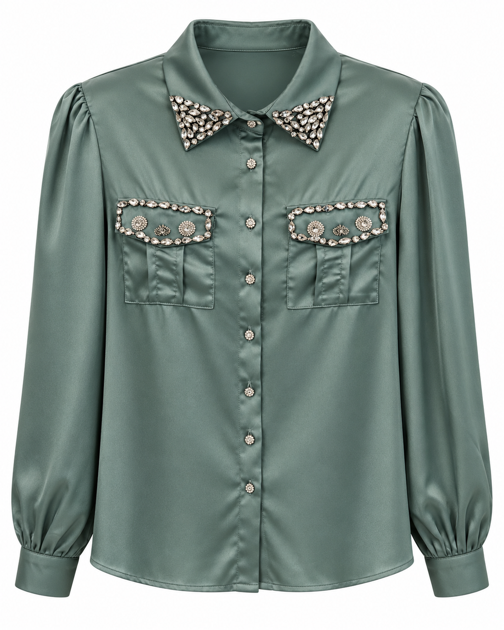 Sage Satin Crystal-Embellished Shirt