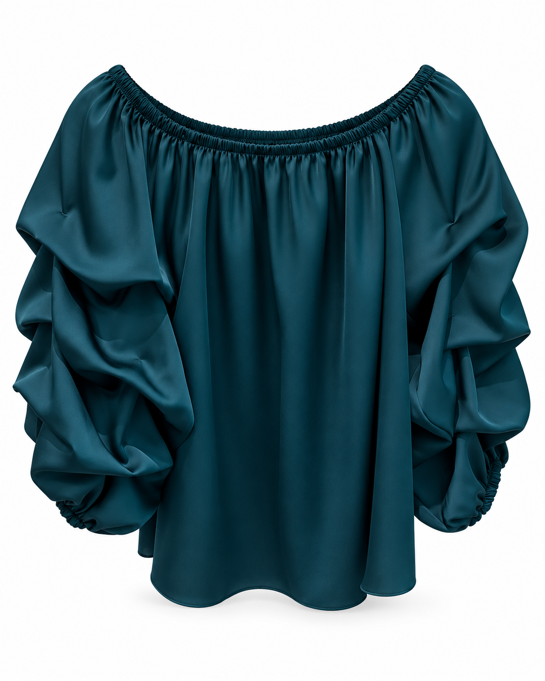 Deep Teal Spanish-Style Ruched Sleeve Blouse