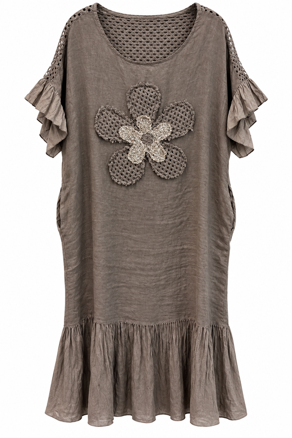 Mocha Linen Crochet Ruffle Dress