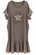 Mocha Linen Crochet Ruffle Dress