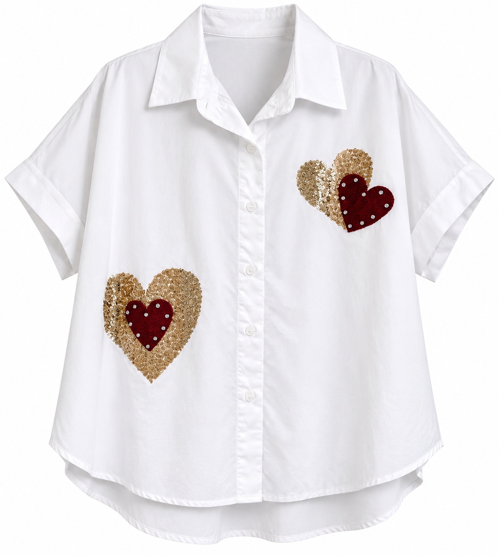 White Sequin Heart Embellished Shirt