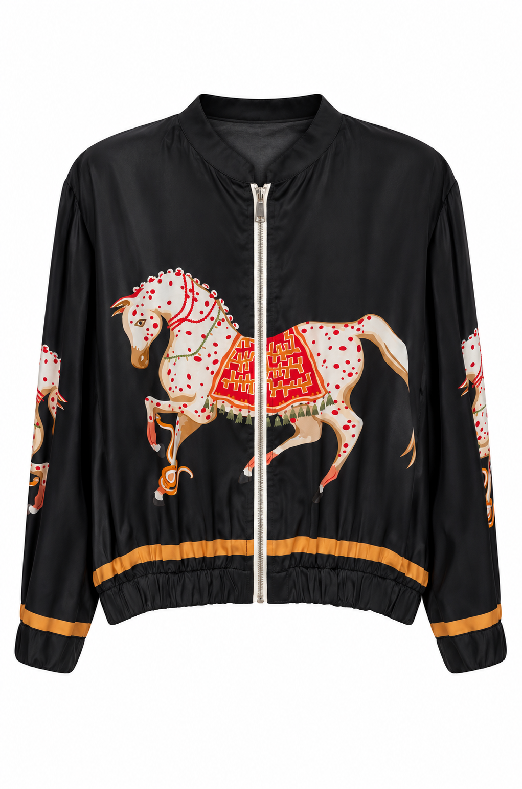 Black Satin Horse Print Bomber Set