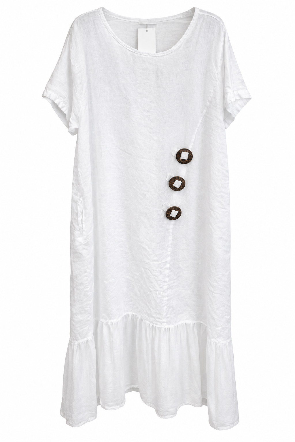 Elegant White Linen Ruffle-Hem Dress