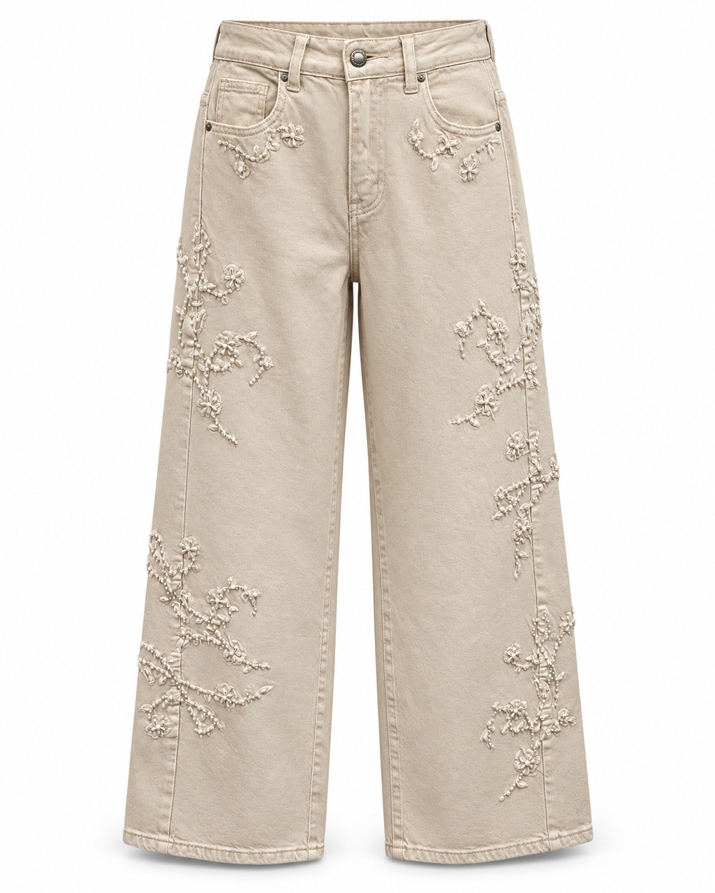 Beige Floral Embroidered Wide-Leg Jeans