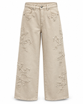 Beige Floral Embroidered Wide-Leg Jeans