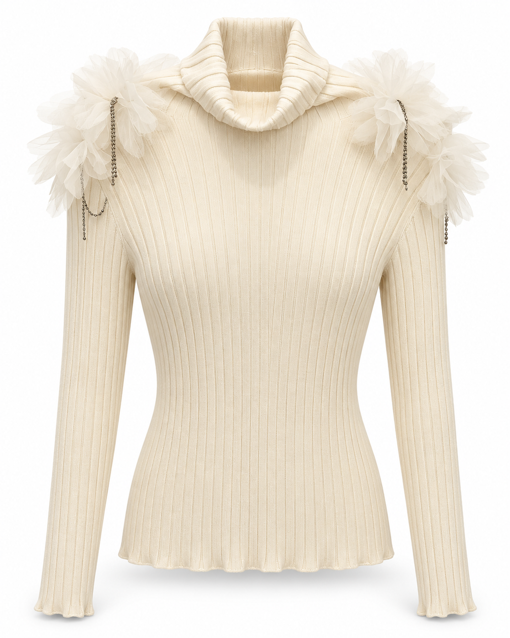 Ivory Ribbed Turtleneck with Tulle Flowers
