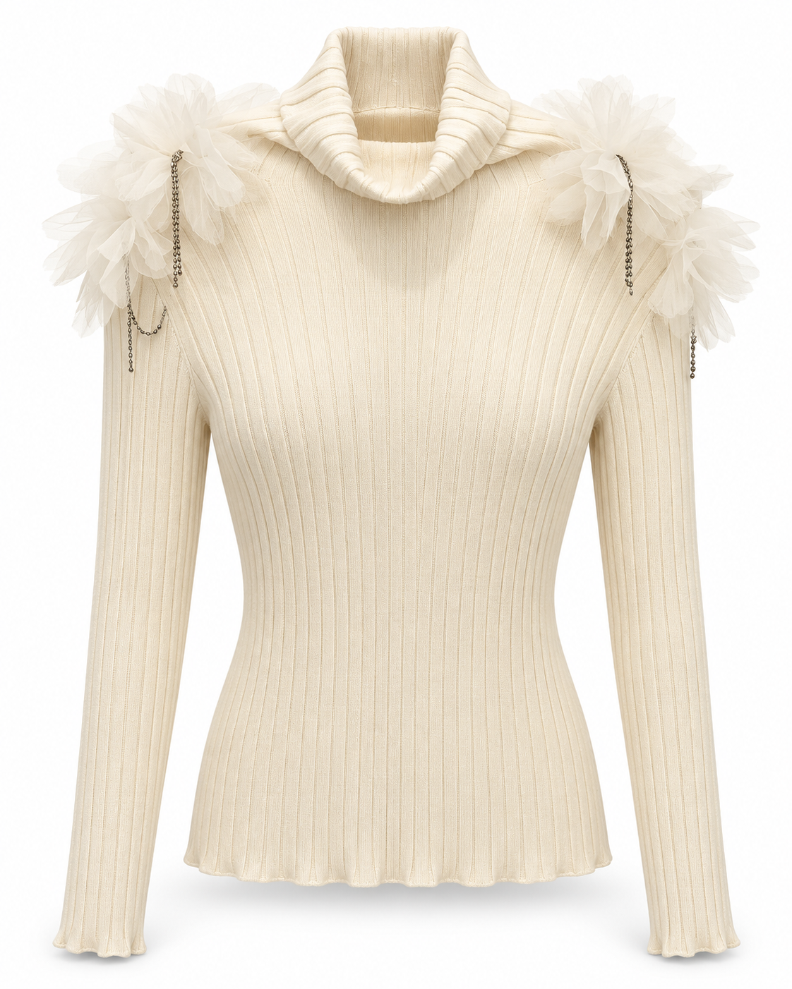 Ivory Ribbed Turtleneck with Tulle Flowers