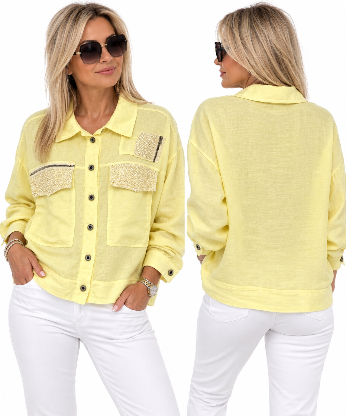 Sunshine Yellow Linen Jacket with Crystal Embellishments