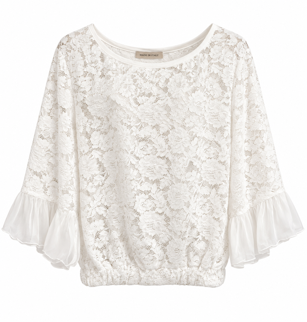 Ivory Floral Lace Ruffle-Sleeve Top