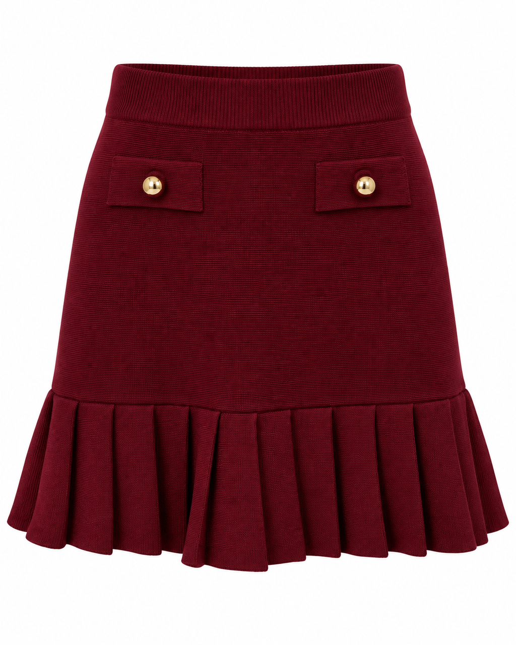 Burgundy Gold-Button Pleated Hem Skirt