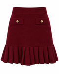 Burgundy Gold-Button Pleated Hem Skirt