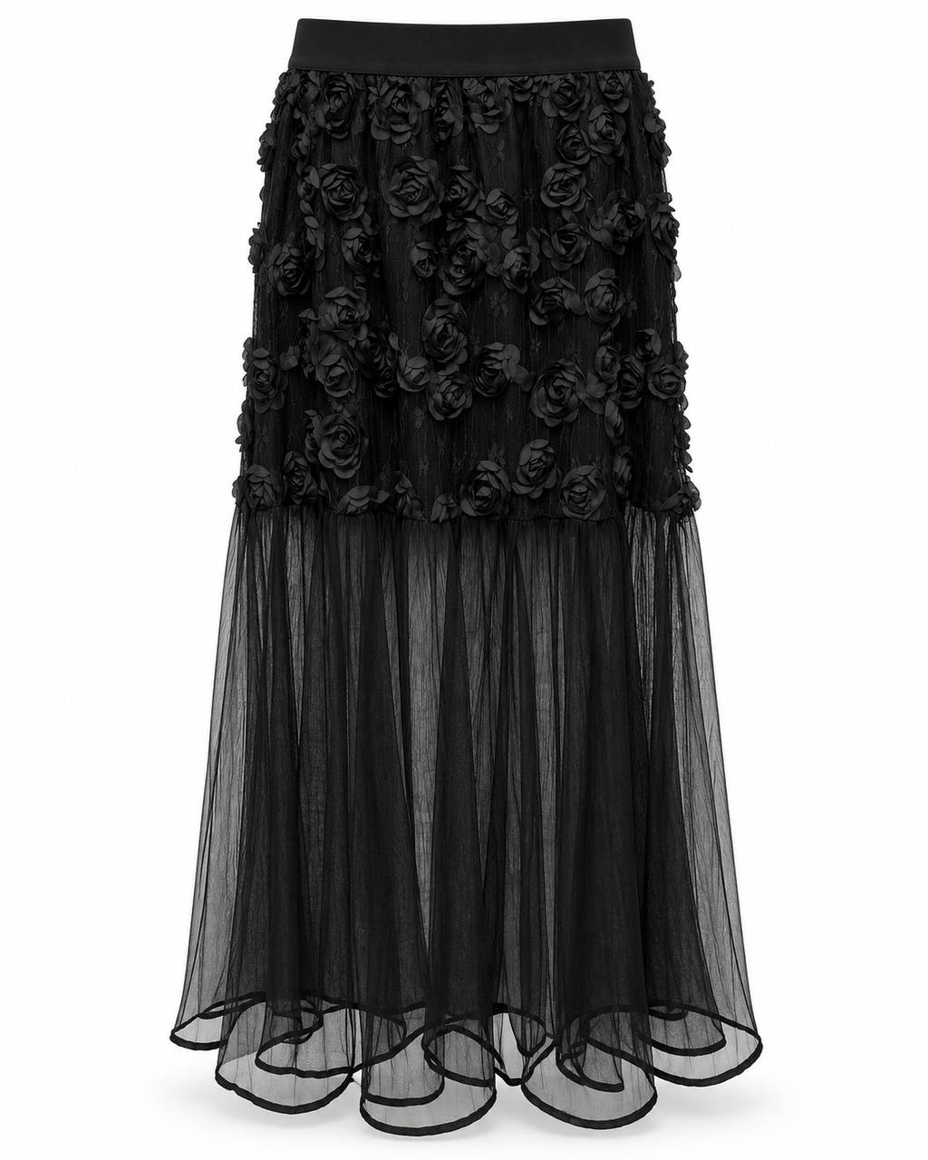 Black Rose Appliqué Sheer Panel Skirt