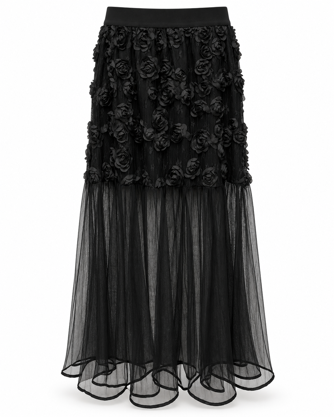 Black Rose Appliqué Sheer Panel Skirt