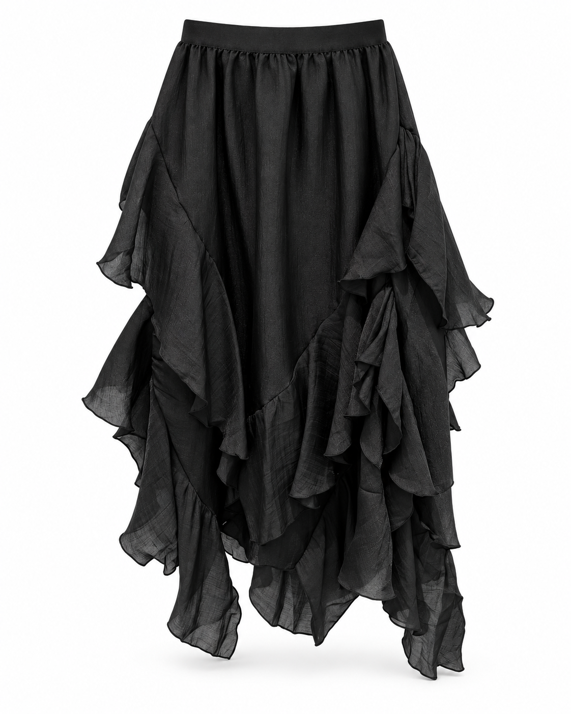 Black Asymmetric Ruffle Midi Skirt