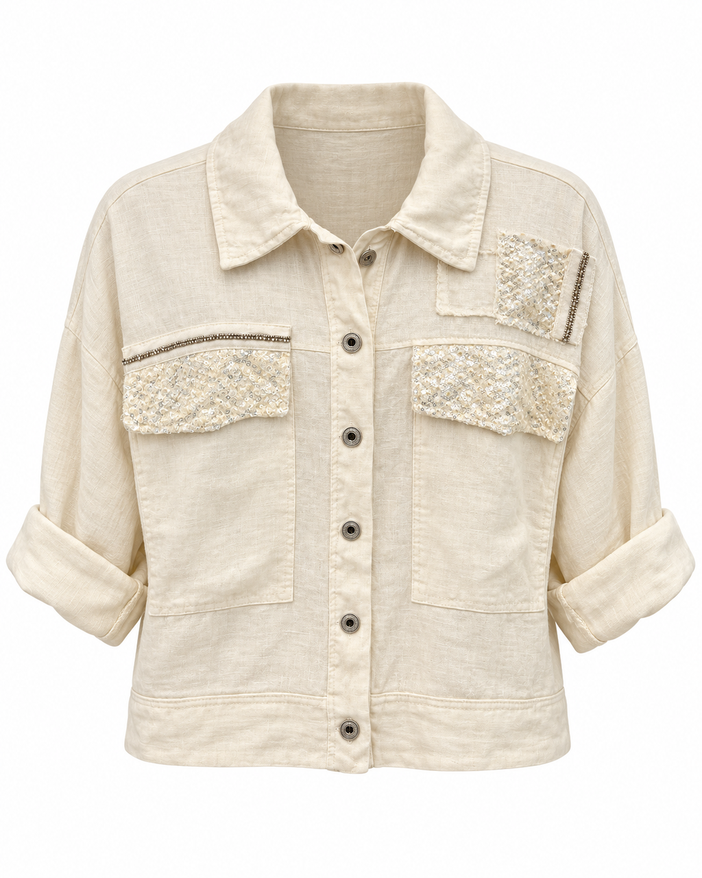 Ivory Linen Jacket with Embellished Pockets