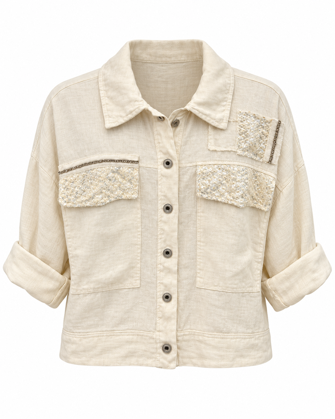 Ivory Linen Jacket with Embellished Pockets