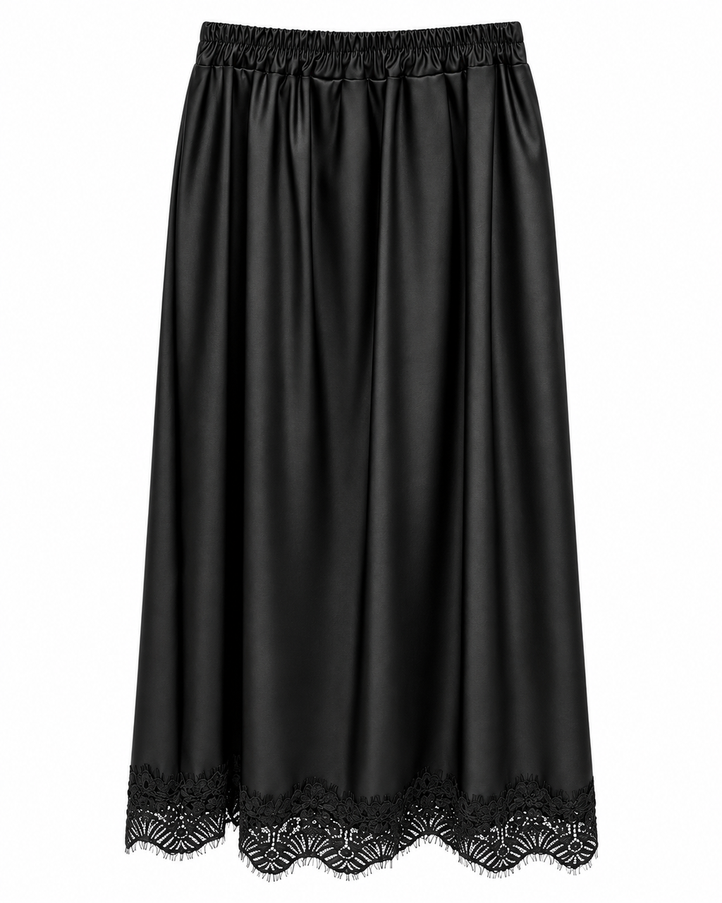 Black Eco Leather Lace-Trim Midi Skirt