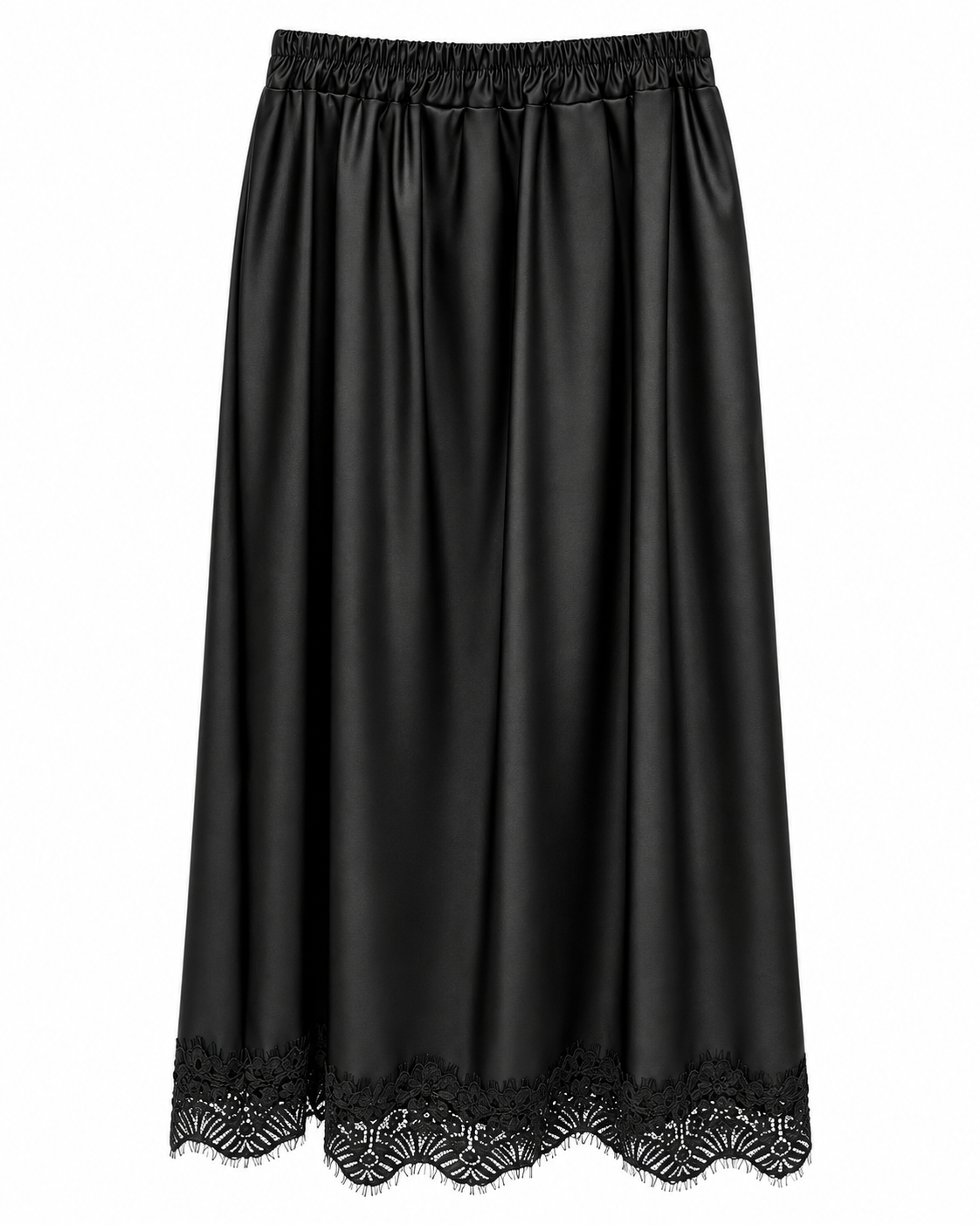 Black Eco Leather Lace-Trim Midi Skirt