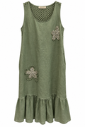 Olive green linen dress with crochet yoke - back view