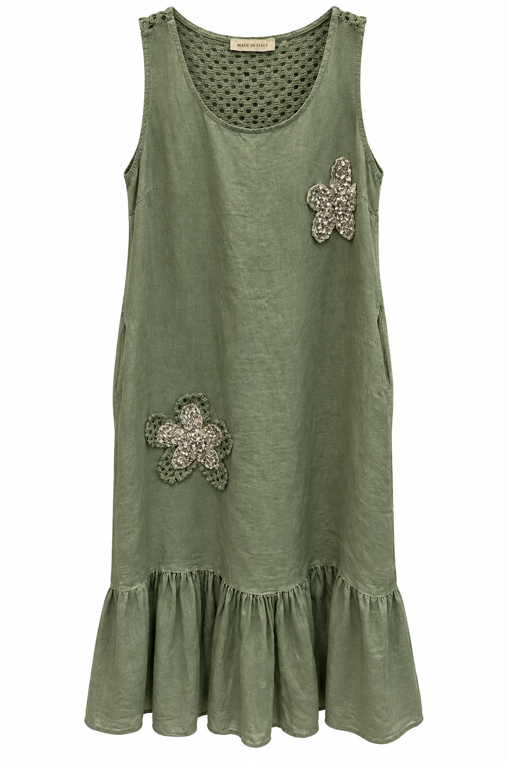 Olive green linen dress with crochet yoke - back view
