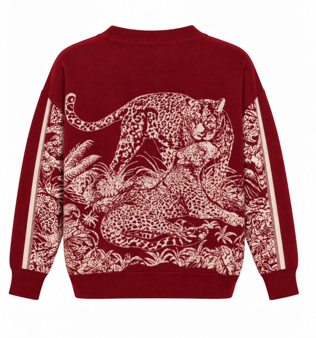 Burgundy Leopard Jacquard Knit Sweater