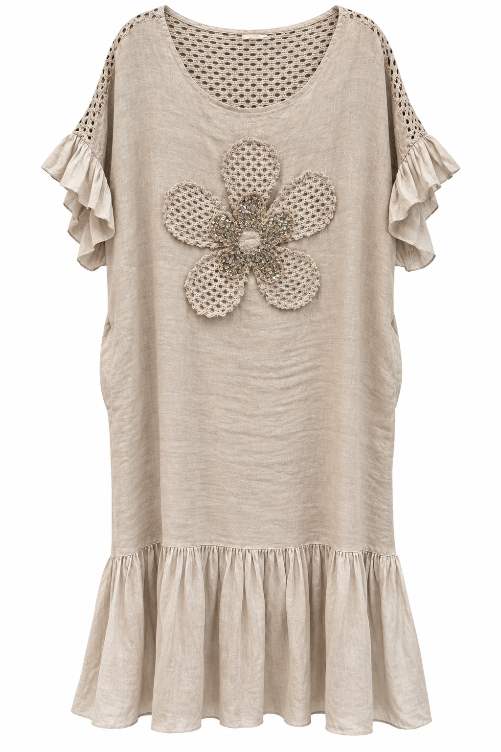 Natural Linen Crochet Ruffle Dress