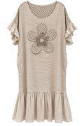 Natural Linen Crochet Ruffle Dress
