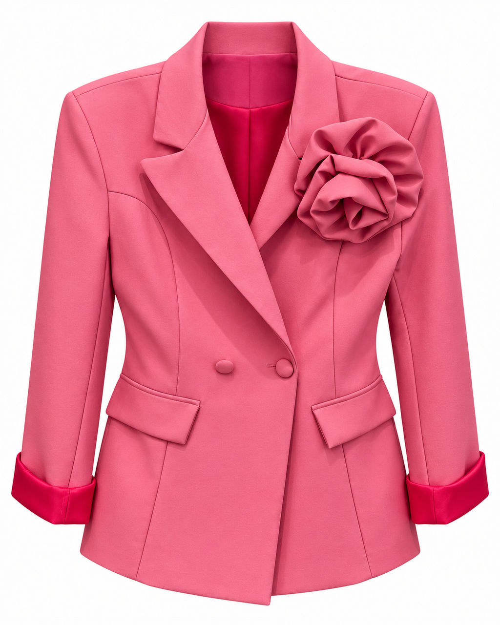Pink Rose-Appliqué Double-Breasted Blazer