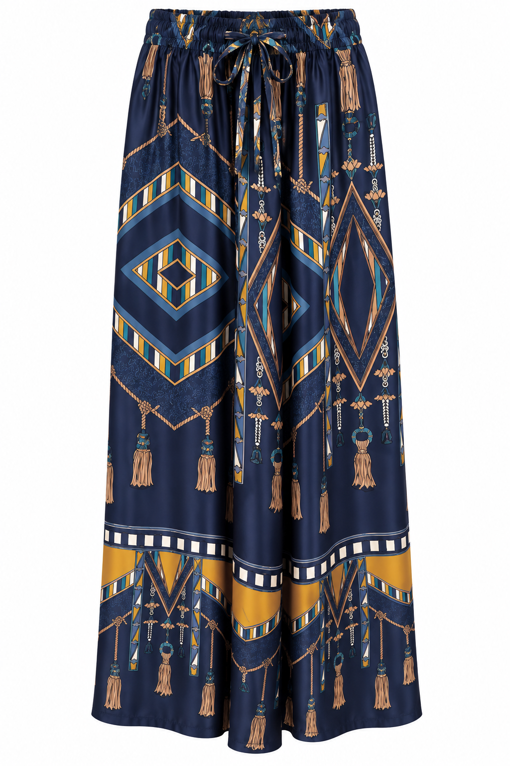 Navy Blue Tassel Print Wide-Leg Pants & Shirt Co-ord Set