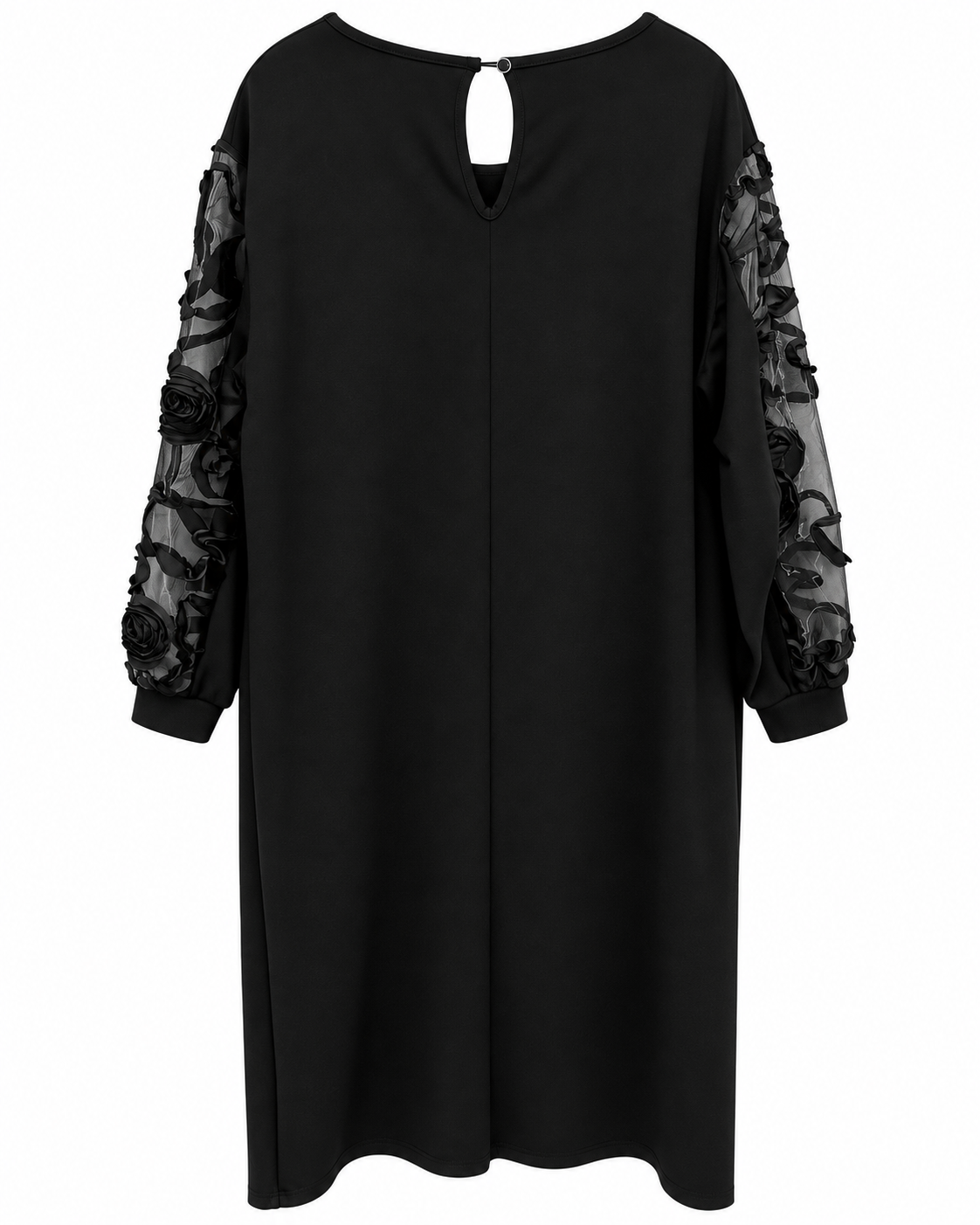 Black 3D Rose Mesh-Sleeve Shift Dress