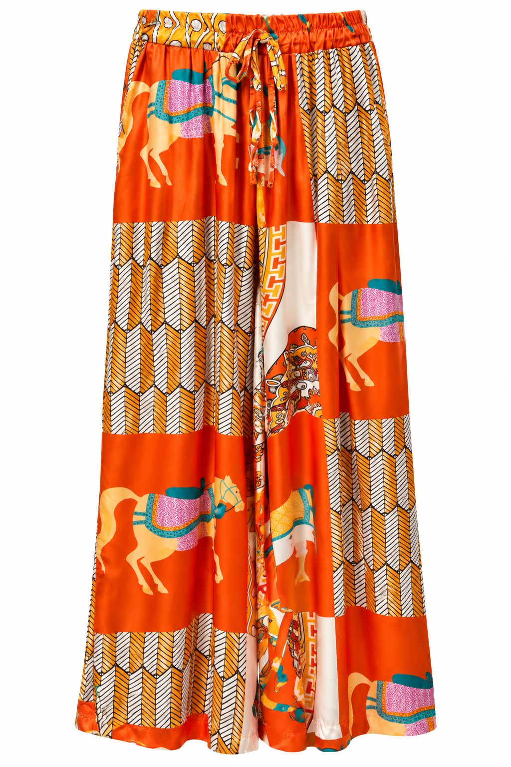 Vibrant orange equestrian print satin maxi skirt with drawstring waist