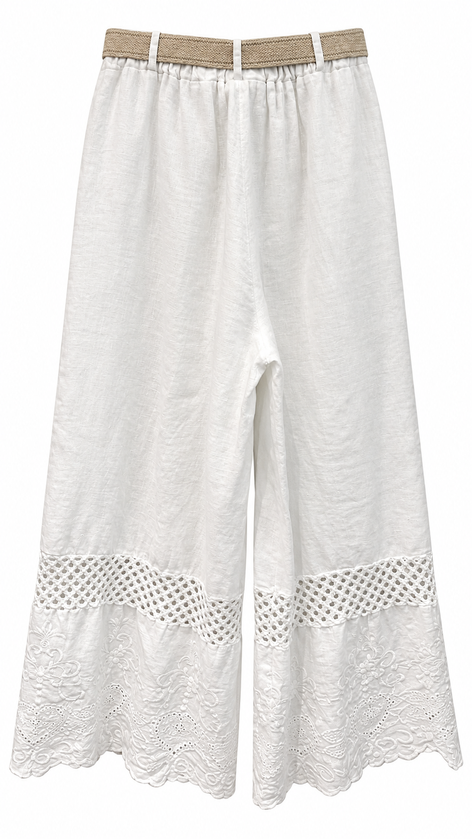 White Linen Embroidered Wide-Leg Pants