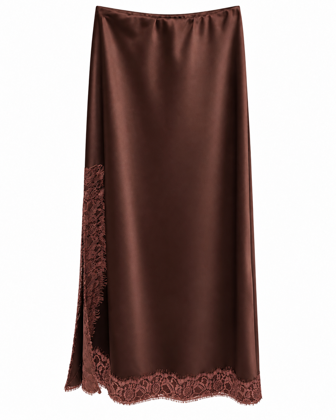 Chocolate Satin Lace-Trim Skirt