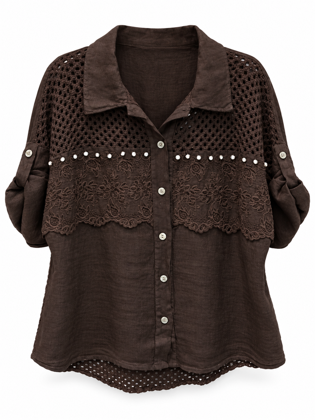 Dark Brown Linen Crochet Shirt