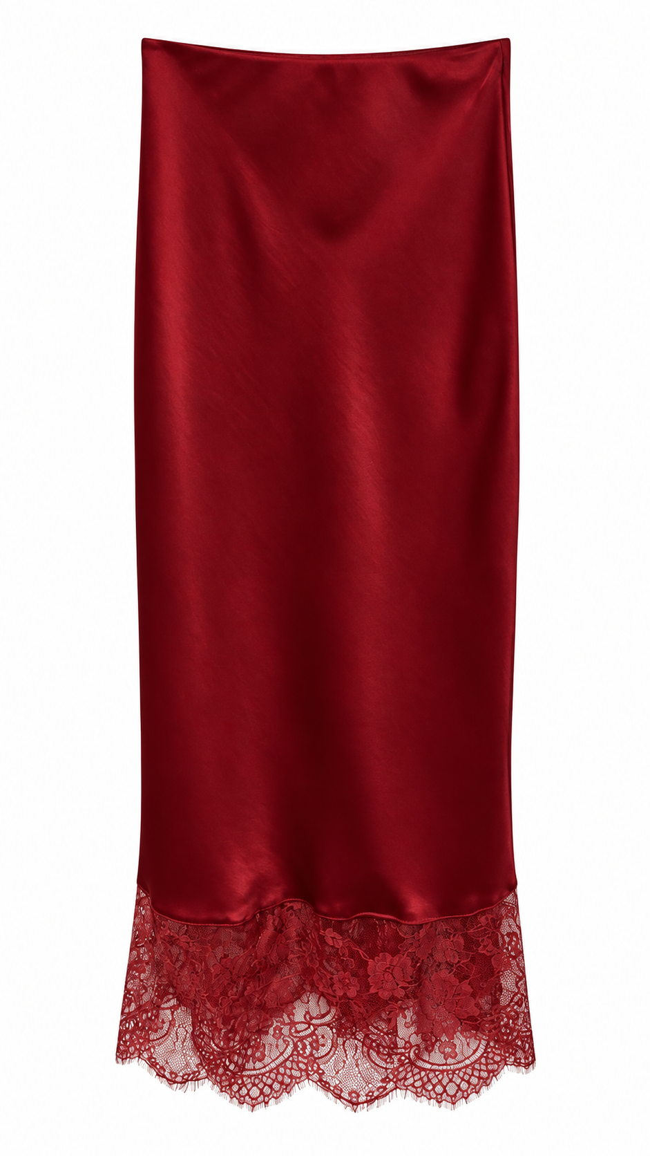 Burgundy Satin Lace-Hem Midi Skirt