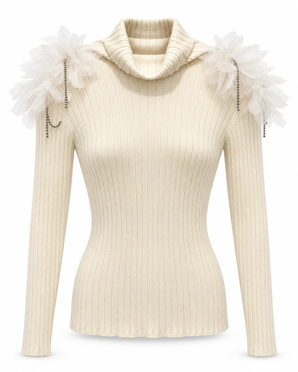 Ivory Ribbed Turtleneck with Tulle Flowers
