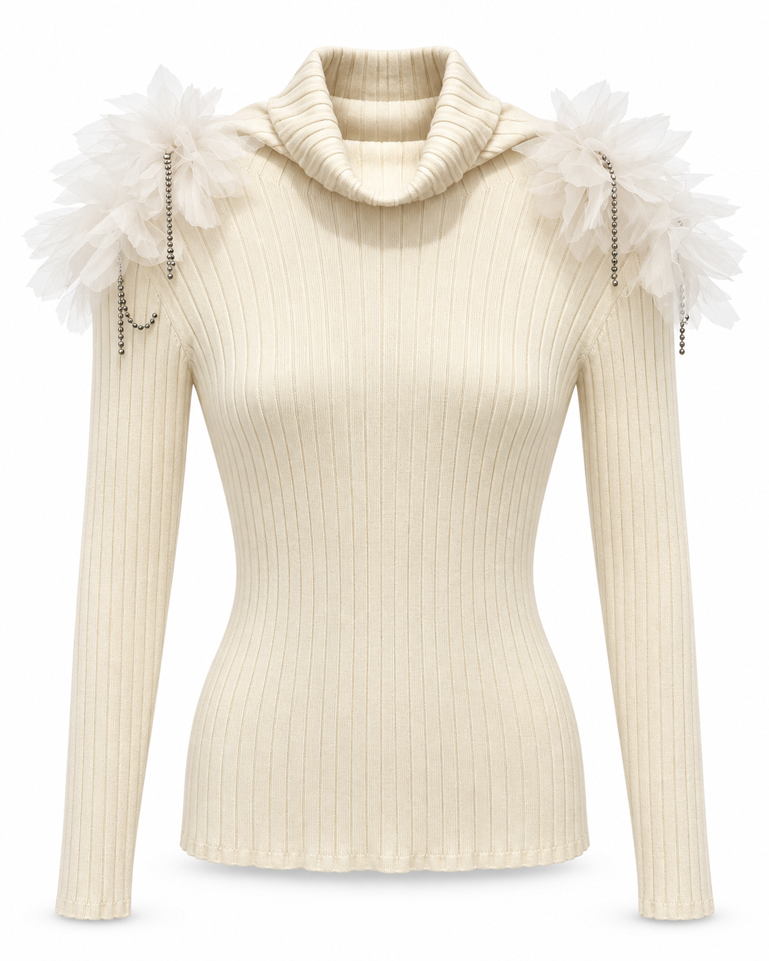 Ivory Ribbed Turtleneck with Tulle Flowers